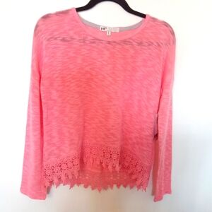 High Low Slub Knit Sweater with Crochet Detail